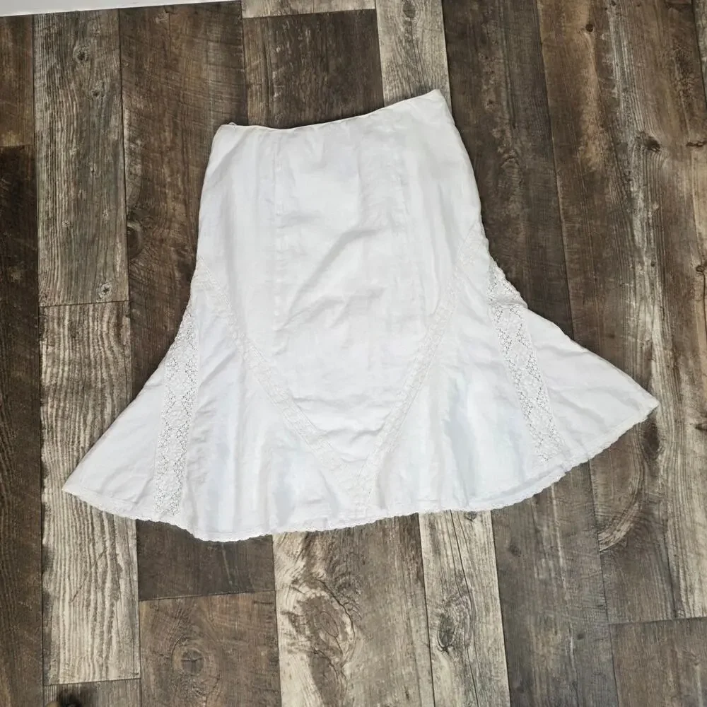 Vintage White Linen Midi Skirt Lace Trim Cottagecore Boho Prairie Size 12